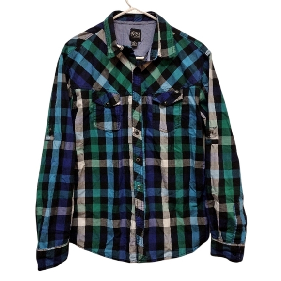 Blackjack plaid button front collared shirt with roll tab sleeves - Picture 1 of 12